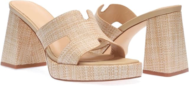 Detalle 2 de Monrovia Raffia Heeled Sandals for Women with Platform Wedge Slip-On Block Heel