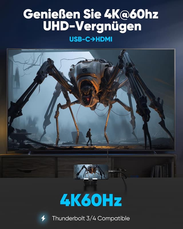 Detalle de Highwings USB‑C auf HDMI Kabel mit 4K@60Hz, 1,8 m (Thunderbolt 3/4 kompatibel) – Schwarz