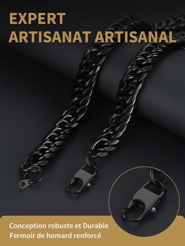 Detalle 1 de FindChic Collier homme chaîne cubaine en acier inoxydable 316L (3/6/9/12 mm, 46 à 76 cm) style hip hop streetwear