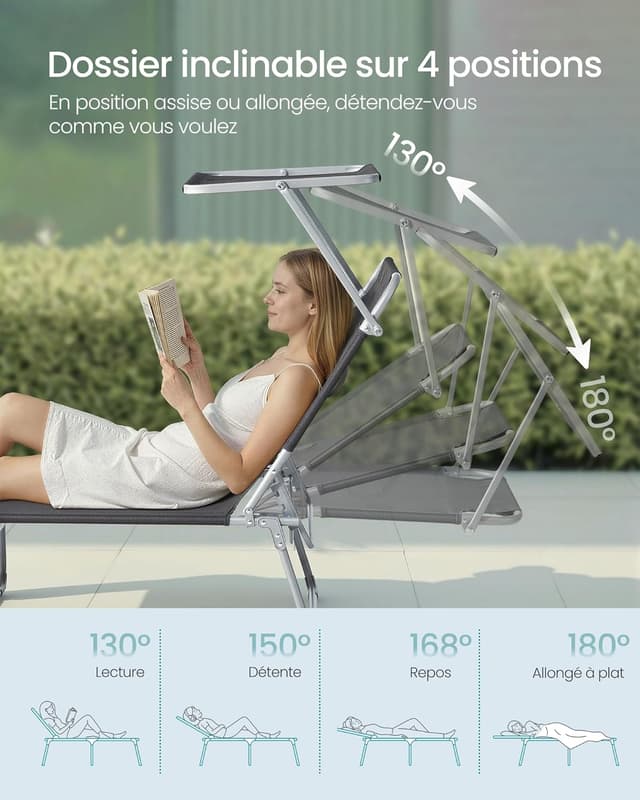 Detalle 1 de SONGMICS chaise longue pliable 110 kg