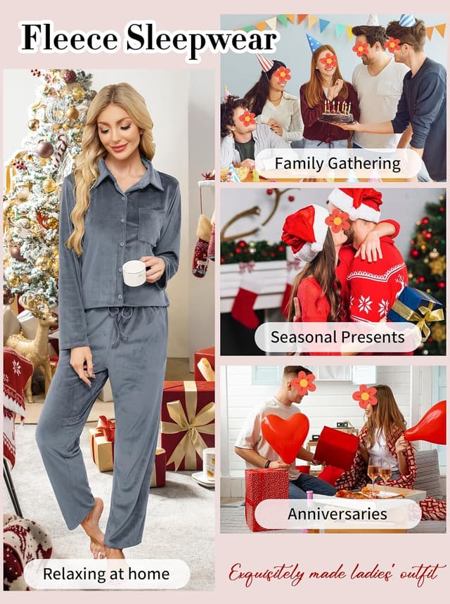 Detalle de Wikoan Women’s Fleece Pyjamas Set with Button-Down Top, Pockets and Long Sleeves (S–XXL)