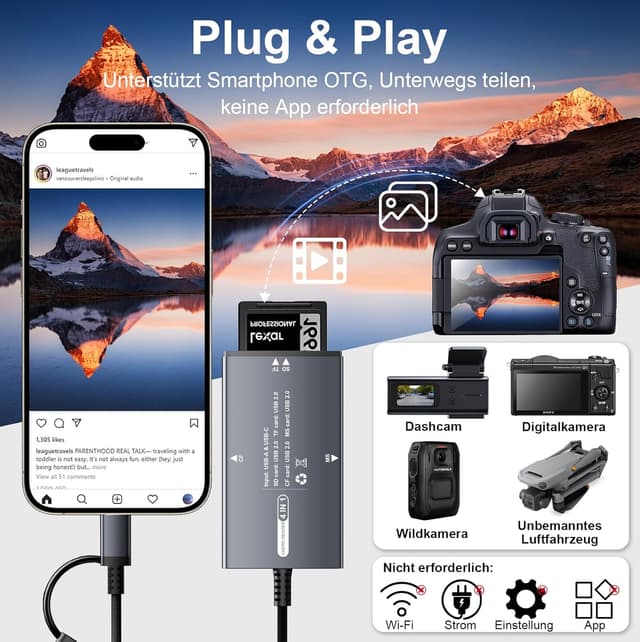Detalle 2 de Dalimee 4-in-1 SD Kartenleser USB-C & USB (SD/TF/CF/MS) mit bidirektionaler Übertragung
