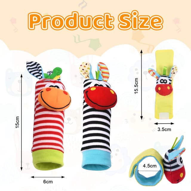 Detalle de Vicloon 4-teiliges Set Rasselsocken & Handgelenk-Rassel aus Plüsch (0–6/0–12 Monate)