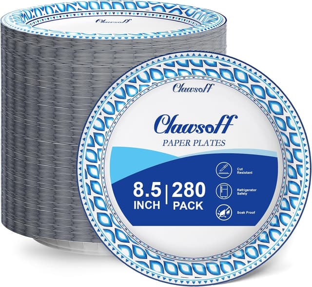 Detalle de Clawsoff 8.5 Inch Paper Plates Bulk (280 Count) — Heavy-Duty Cut & Soak Proof Disposable Plates