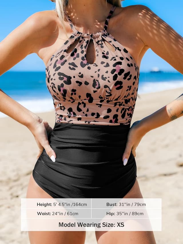 Detalle 2 de CUPSHE Costume da bagno intero donna con collo alto e controllo pancia (stampa leopardata)