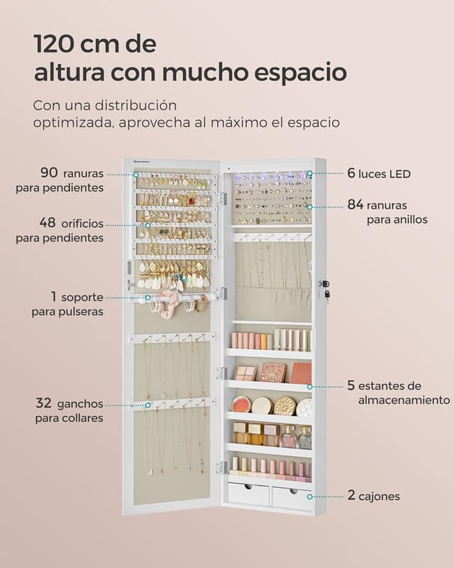 Detalle de SONGMICS JJC093W01 joyero de espejo 120 cm