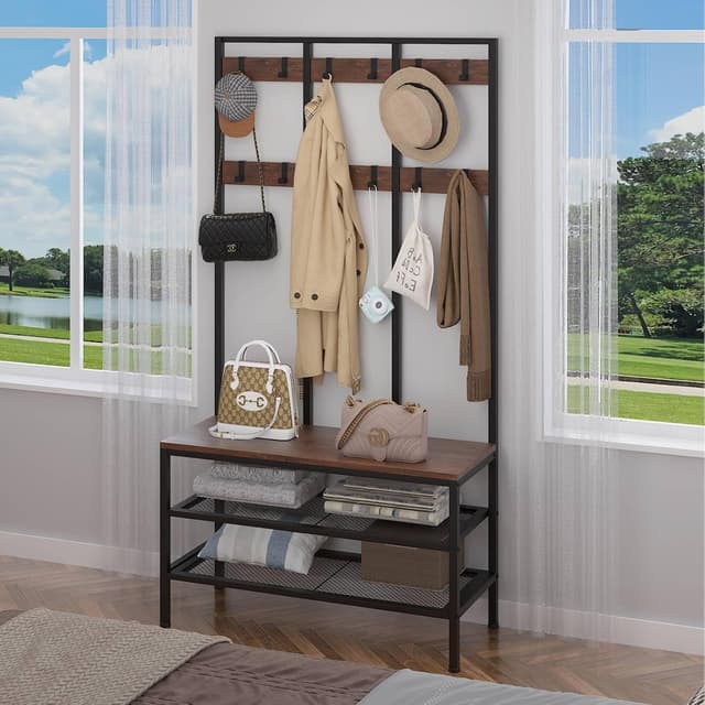 Detalle de Dripex Appendiabiti da terra con panca e scarpiera 3 in 1, 12 ganci rimovibili, 100x40x182 cm