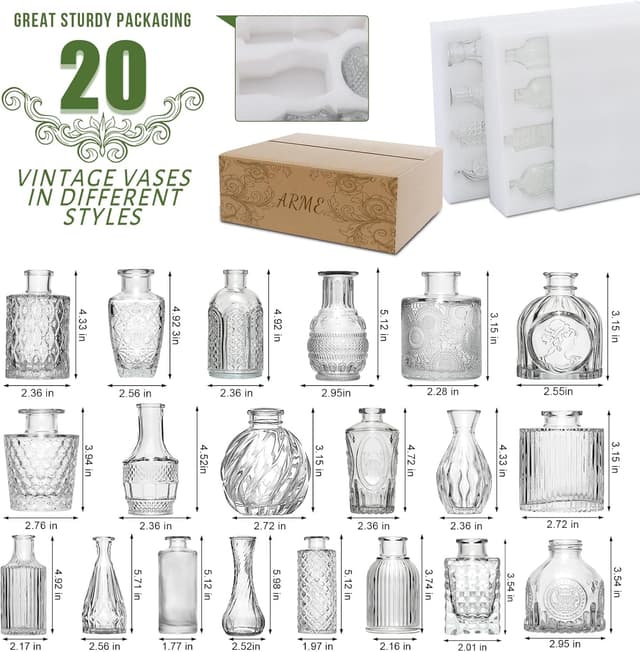 Detalle de Arme 20-Piece Bud Vase Set: Mini Vintage Clear Glass Vases for Flowers & Centerpieces