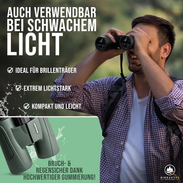 Detalle 2 de Birkental Fernglas für Erwachsene 12x42 inkl. Zubehör – wasserdicht, leicht & kompakt (grün)