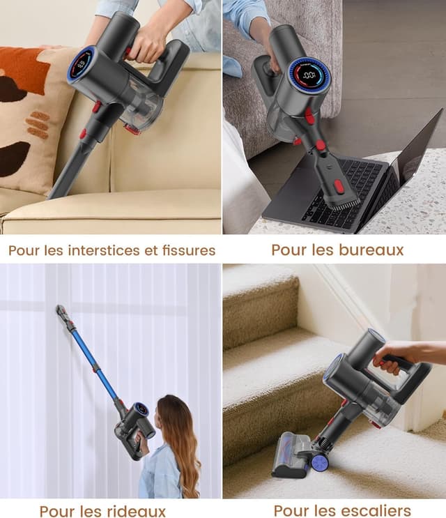 Detalle de VersLife Z8 Aspirateur balai sans fil 6 en 1 avec LED verte et écran, 40 kPa, jusqu’à 45 min (bleu foncé)