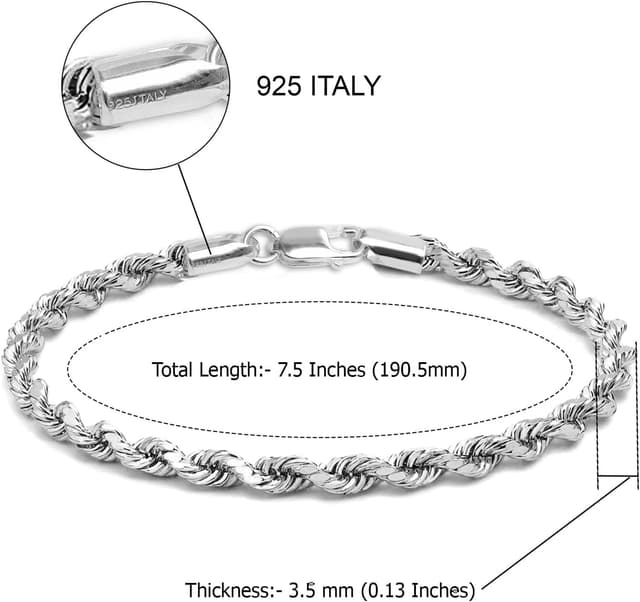 Detalle de LeCalla 925 Sterling Silber Diamant-Cut Rope Chain Armband (Classic, 4 mm) – made in Italien