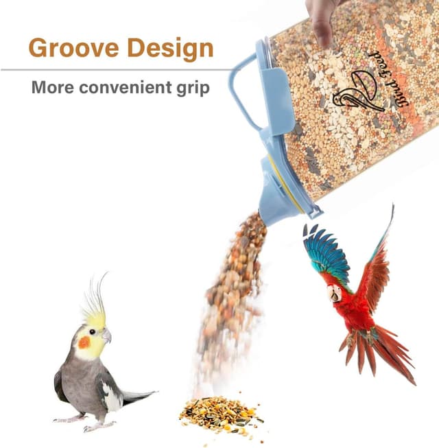 Detalle de Geyecete Bird Seed Storage Container 2.8 L (3 Qt) – Clear Plastic Airtight Jar with Measuring Cup & Blue Lid