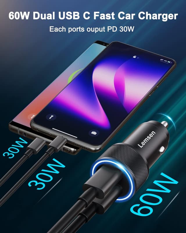 Detalle 2 de Caricatore Auto 60W 2 Porte USB-C