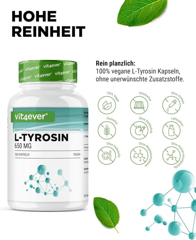 Detalle de vit4ever L-Tyrosin 365 vegane Kapseln (1300 mg pro Tagesportion) – Extra hochdosiert