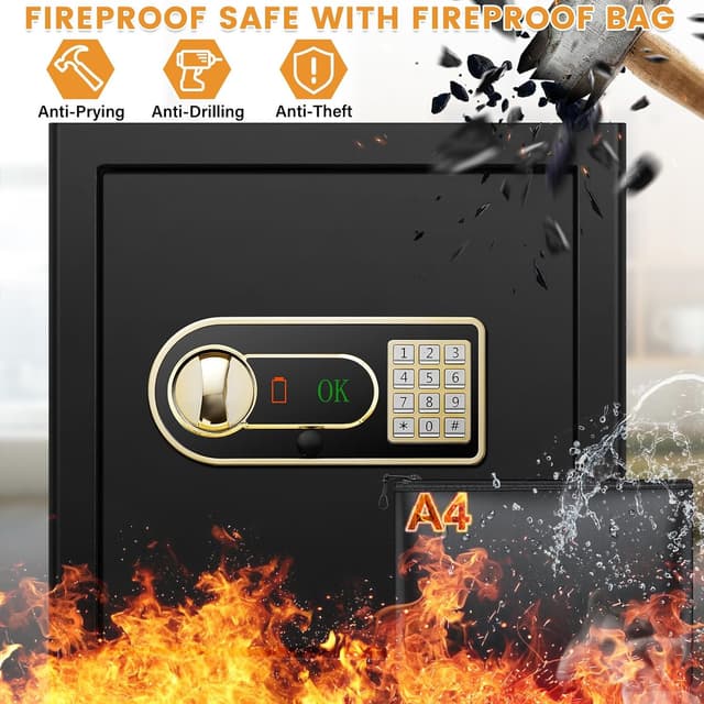Detalle 2 de Mejasg Safe Tresor Feuerfest 45L mit Feuerfestem, Wasserdichtem Dokumentenbeutel