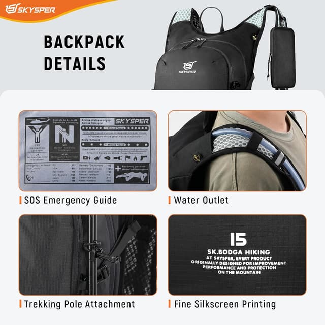 Detalle de SKYSPER 15L Wanderrucksack mit Brustgurt – leichter Tagesrucksack für Herren & Damen