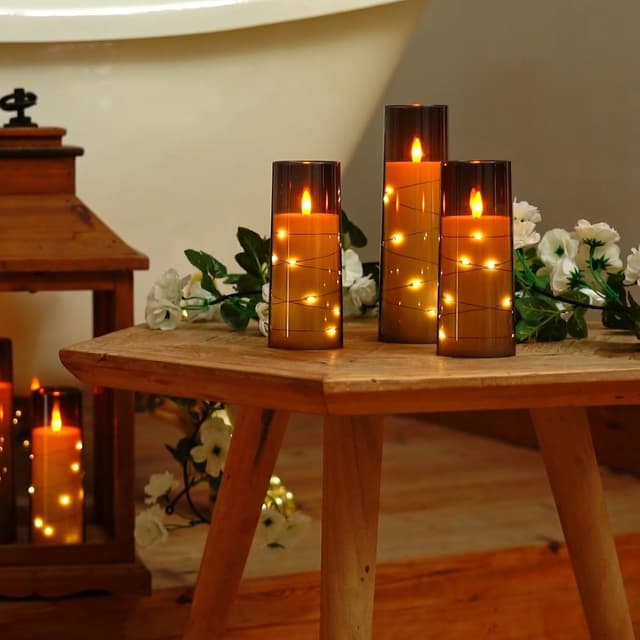 Detalle de Homemory Flickering Flameless Candles with String Lights (Set of 5) with Remote & Timer, Grey acrylic