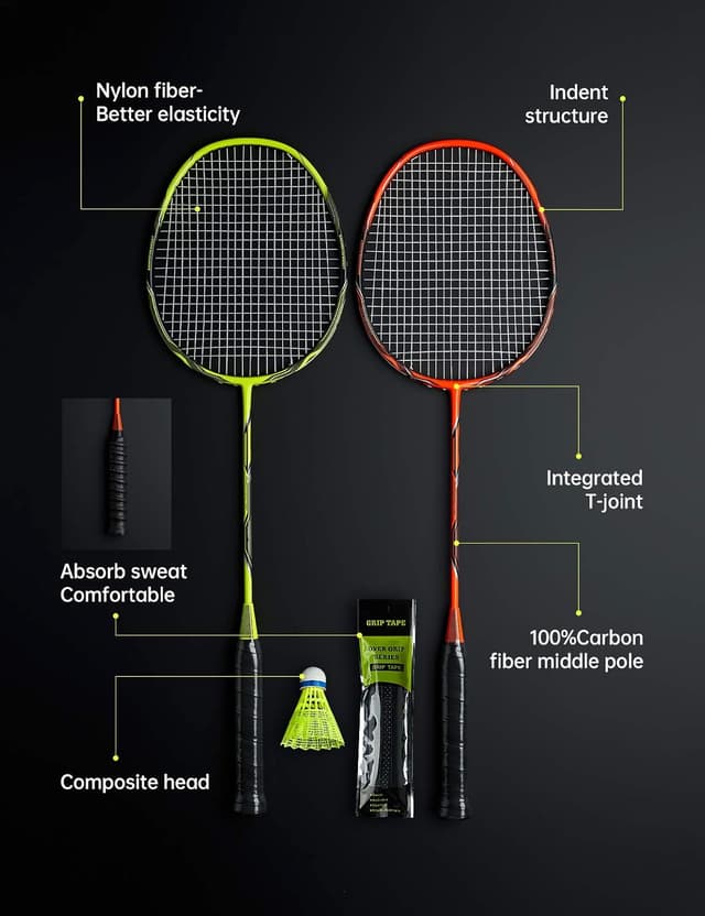 Detalle 2 de Professional Carbon Fiber Badminton Rackets Set (4 Rackets) for Backyards, Gym, and Family Play