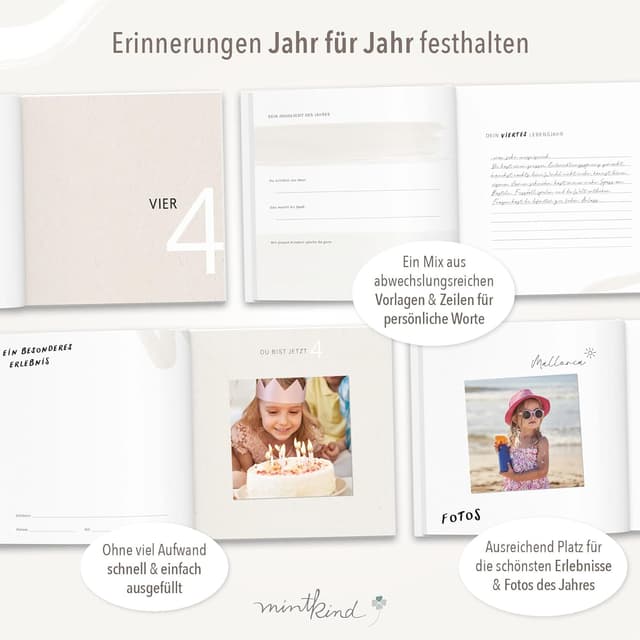 Detalle de mintkind Erinnerungsbuch Kindheit Beige – Geburtstagsbuch von 0 bis 18 Jahren mit Leinenalbum & Vorlagen