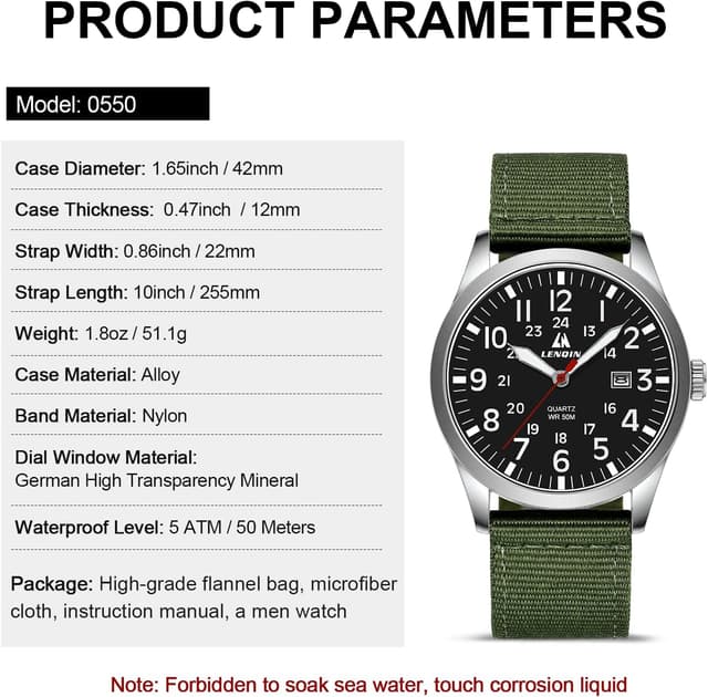 Detalle de LN LENQIN men’s military-style analog quartz watch with date, 42mm steel case & nylon strap (water-resistant 3 ATM)