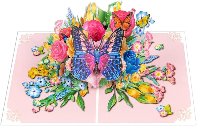 Detalle 2 de DLYMXGC Butterfly and Pink Gold Roses Bush Pop Up Card – 3D paper flower bouquet greeting card