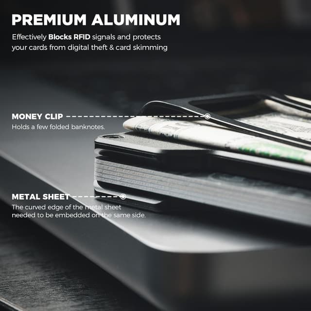 Detalle de VULKIT slim metal credit card holder with RFID blocking and money clip (Black)