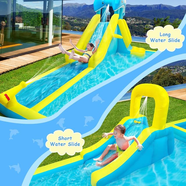 Detalle 2 de Giant Dolphin Inflatable Water Slide & Splash Park with Deep Pool, Water Cannon and 550W Blower