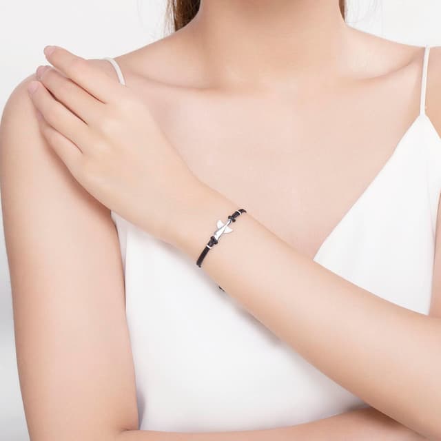 Detalle de Bracelet Ange Gardien Jrêveinfini en argent 925 avec pendentif, cordon noir réglable (pour femme et enfant)