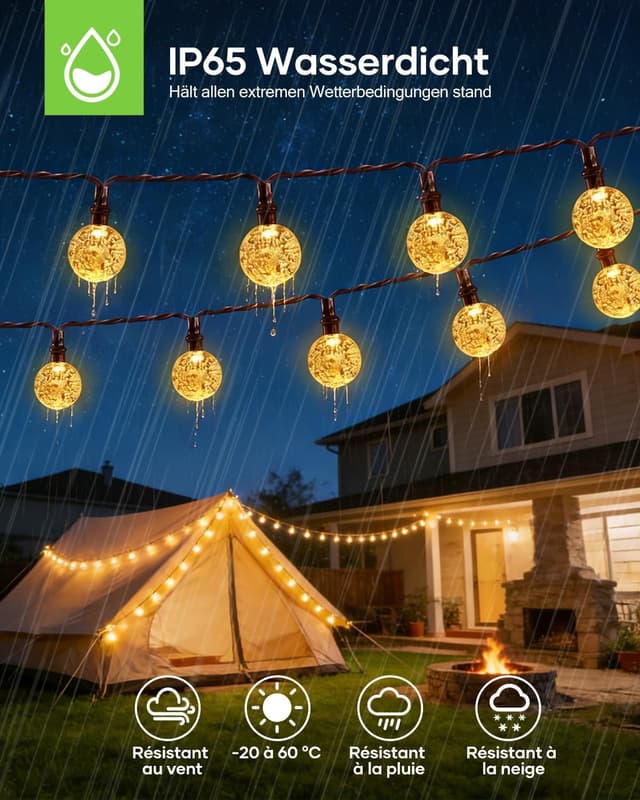 Detalle de Suright Solar-Lichterkette außen 8 m mit 30 warmweißen Mini-LEDs, 8 Modi & IP65
