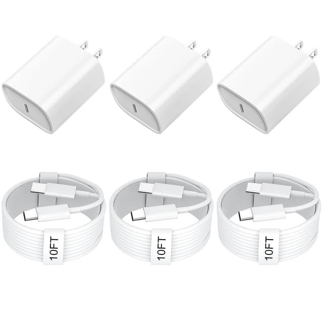 Detalle de 3-Pack 20W USB-C iPhone Fast Charger Block + 10ft USB-C to USB-C Cable (iPhone 16/15 Series)