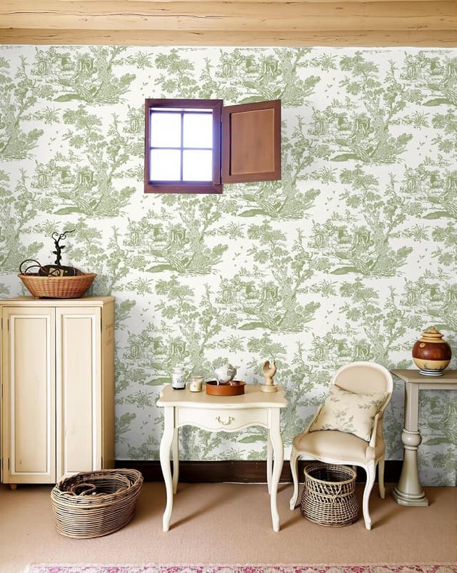 Detalle de Yomshi 44 cm × 20 m selbstklebendes Vintage Vinyl-Tapetensystem in Grün (Baum & Tiere)