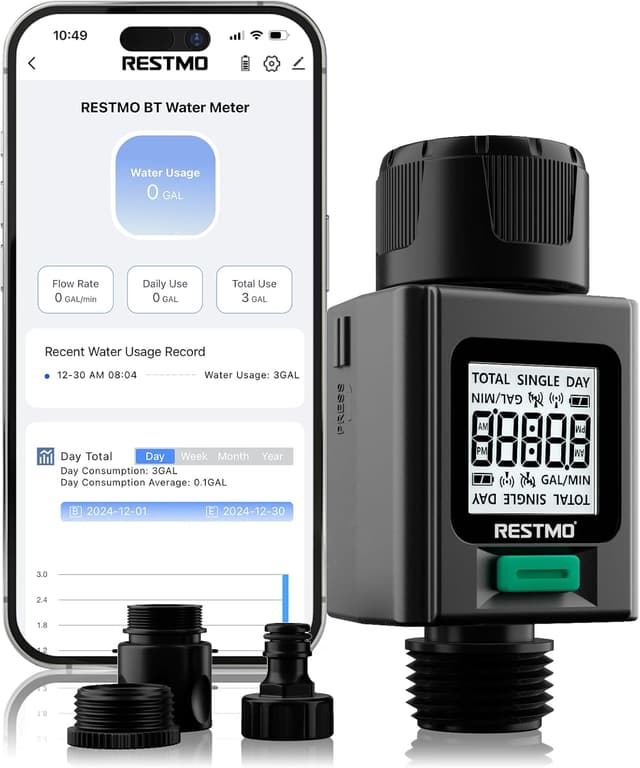 Detalle de Restmo Smart Water Flow Meter with Bluetooth for Garden Hoses and RV Tank Filling