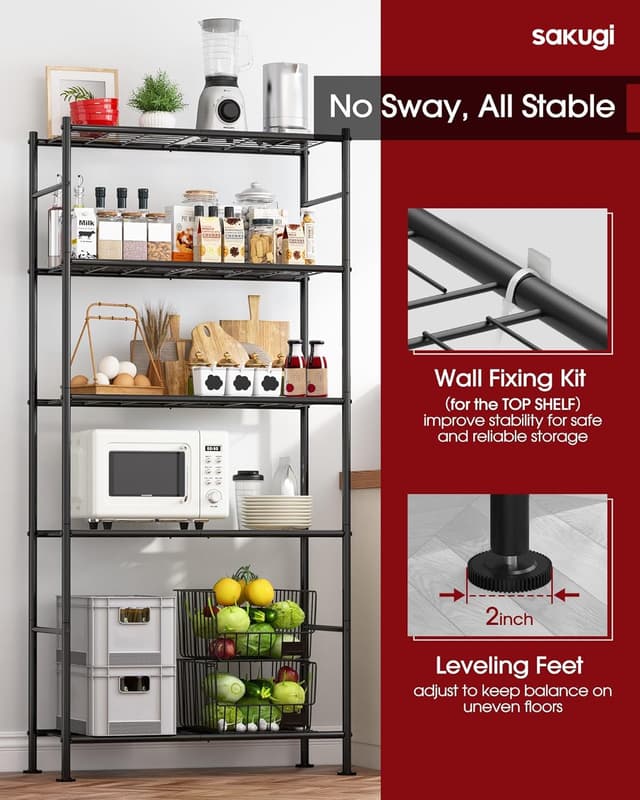 Thumbnail 6 de Sakugi Storage Shelves 5-Tier Metal Shelving Unit with Leveling Feet (Black) – 72" H, Garage/Closet/Pantry Organizer