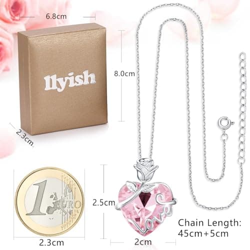 Detalle de llyish Collar mujer plata con corazón y rosa eterna en caja de regalo