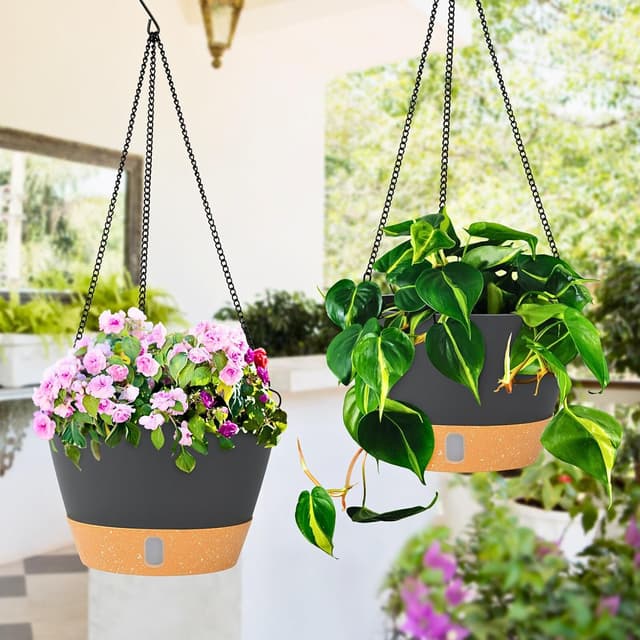 Detalle 2 de QCQHDU 2-Pack Hanging Planters (25.4cm) with Drainage Hole and 3 Hooks, Grey