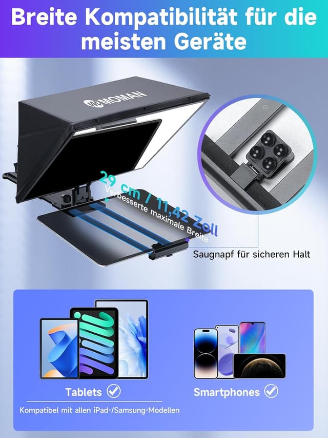 Detalle de Moman MT16 Teleprompter (16 Zoll) – für iPad/Tablet/Smartphone mit App & Fernbedienung