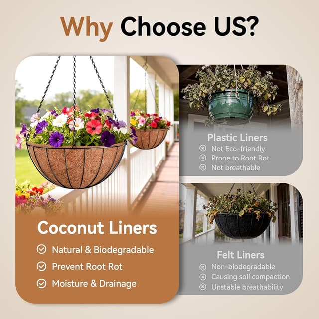 Detalle de Halatool 3-Pack 14 Inch Round Coco Coir Hanging Basket Liners (Coconut Fibre)