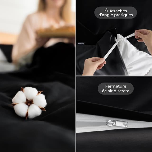 Detalle de Dreamzie Housse de couette 200x240 réversible en coton noir (parure 3 pièces, Oeko-Tex)