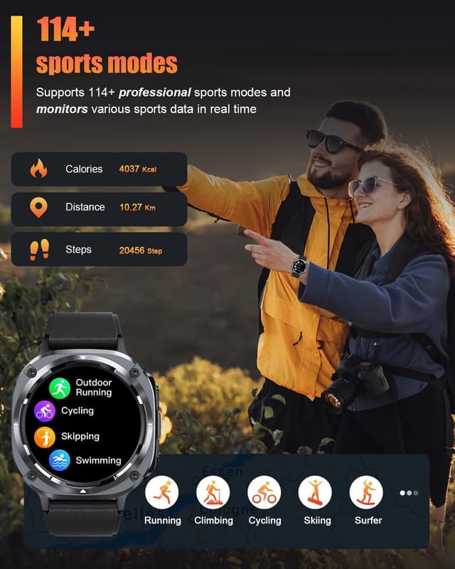 Detalle de Military Smart Watches for Men (Answer/Make Calls) 1.39–1.45" HD Fitness Watch with 114+ Sports Modes, IP68 (Black)