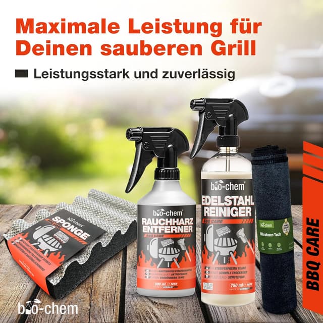 Detalle de bio-chem CLEANTEC Bio-Chem Grillreiniger Set 4-teilig für Gasgrill und Edelstahl (inkl. Schwamm & Mikrofasertuch)