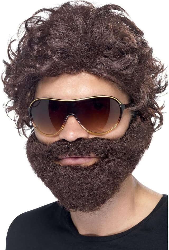 Detalle de Kit d’enterrement de vie de garçon Smiffys marron avec perruque, barbe et lunettes de soleil