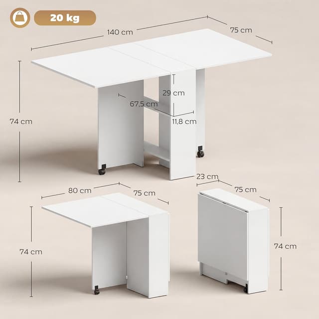 Detalle de HOMCOM Table pliante de cuisine extensible sur roulettes, 2 étagères intégrées, 75 x 140 x 74 cm, blanc