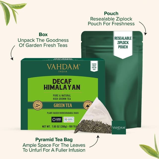 Detalle de VAHDAM Tè Verde Decaffeinato dell’Himalaya in filtri piramidali (100 bustine) – senza caffeina