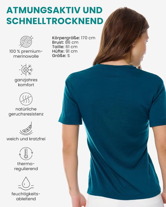 Detalle 2 de Merino.tech 100% Merino Shirt Damen – Kurzarm Thermo-Unterhemd zum Wandern