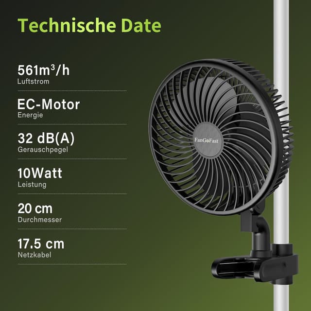 Thumbnail 6 de FanGoFast Grow-Clip-Ventilator mit Oszillation und EC-Motor (10 Geschwindigkeiten) – 20 cm, 561 m³/h