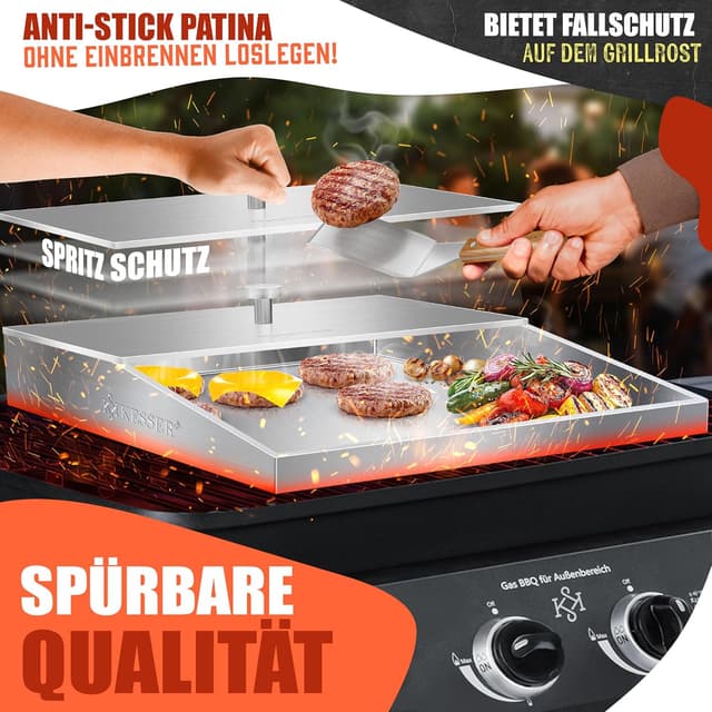 Detalle 2 de KESSER Plancha Grillplatte aus Edelstahl mit Deckel (40 x 30 cm) bis 800 °C, mit Fettablauf – inkl. 2 Spatel, Schürze, Grillmatte & Rezeptbuch