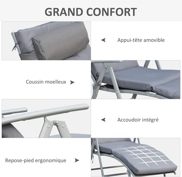 Thumbnail 5 de Outsunny Bain de Soleil Pliable 7 Positions Gris