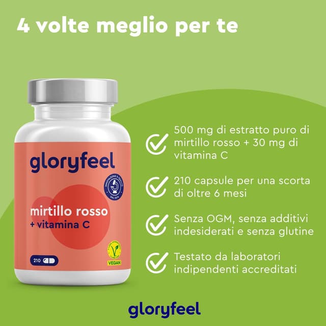 Detalle de Gloryfeel Cranberry Capsule al mirtillo rosso americano + Vitamina C, 210 capsule (7 mesi) vegan