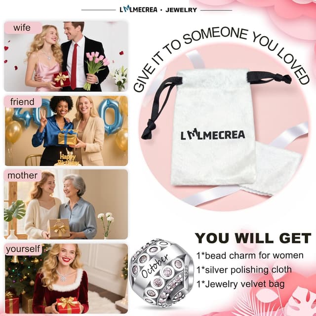 Thumbnail 6 de LMLMECREA Geburtsstein-Charms Anhänger aus 925 Sterling Silber für Europäische Armbänder (Oktober) mit Zirkonia