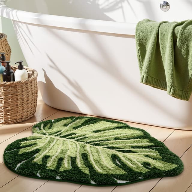 Detalle de LUMI Monstera Green Leaf Bathroom Rug (23.5"x31.5")—Soft, Plush, Non-Slip, Machine Washable